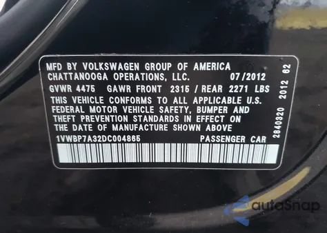 2013 Volkswagen Passat 2.5L Se from USA, damaged, VIN 1VWBP7A32DC004865